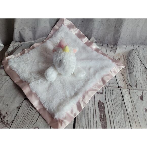 Cloud Island Baby Lovey Blanket White & Pink Unicorn Satin Back Trim Plush 13in - Picture 1 of 6